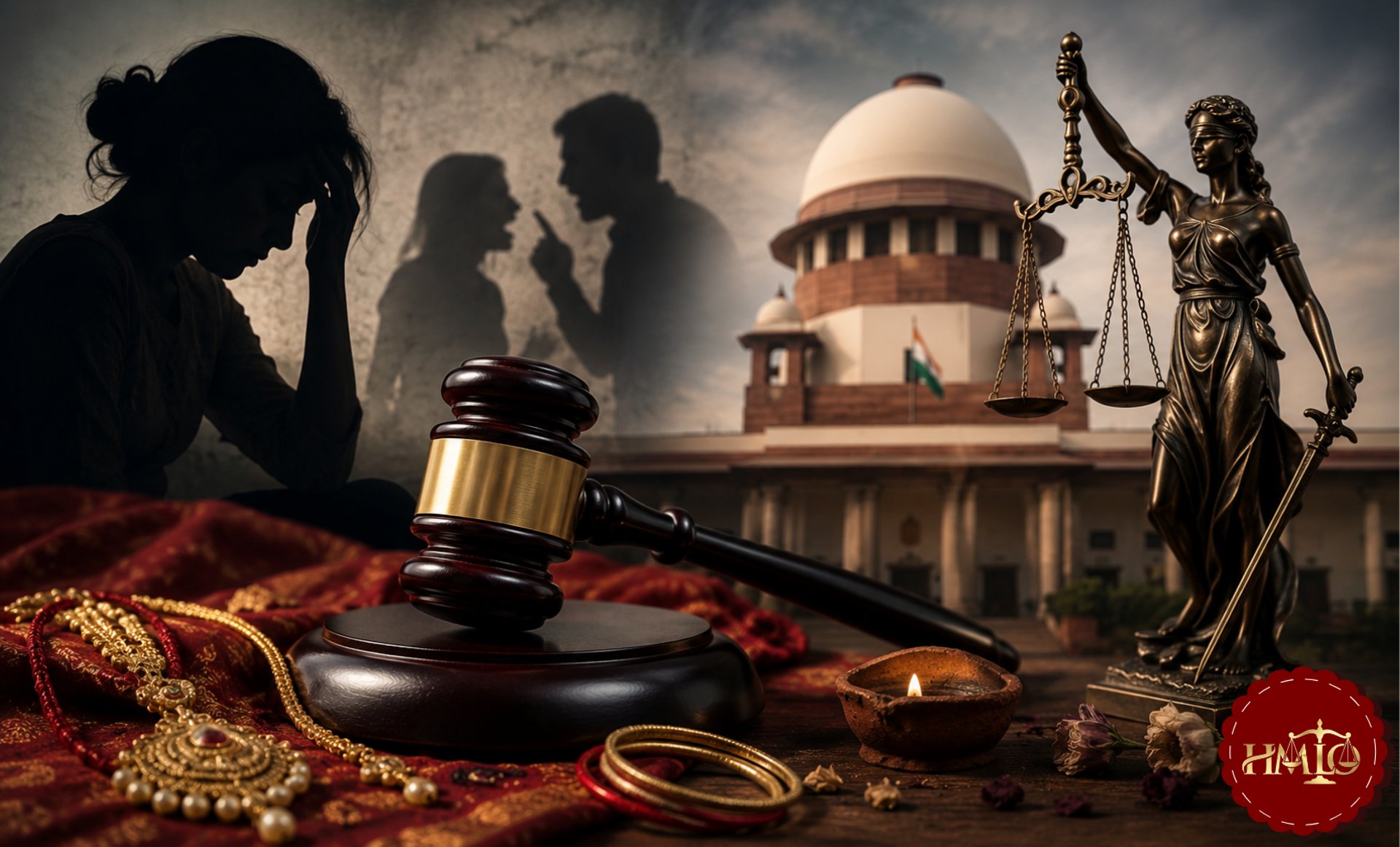 Supreme Court, Lady Justice, gavel, and distressed bride symbolizing India's fight against dowry deaths and justice.