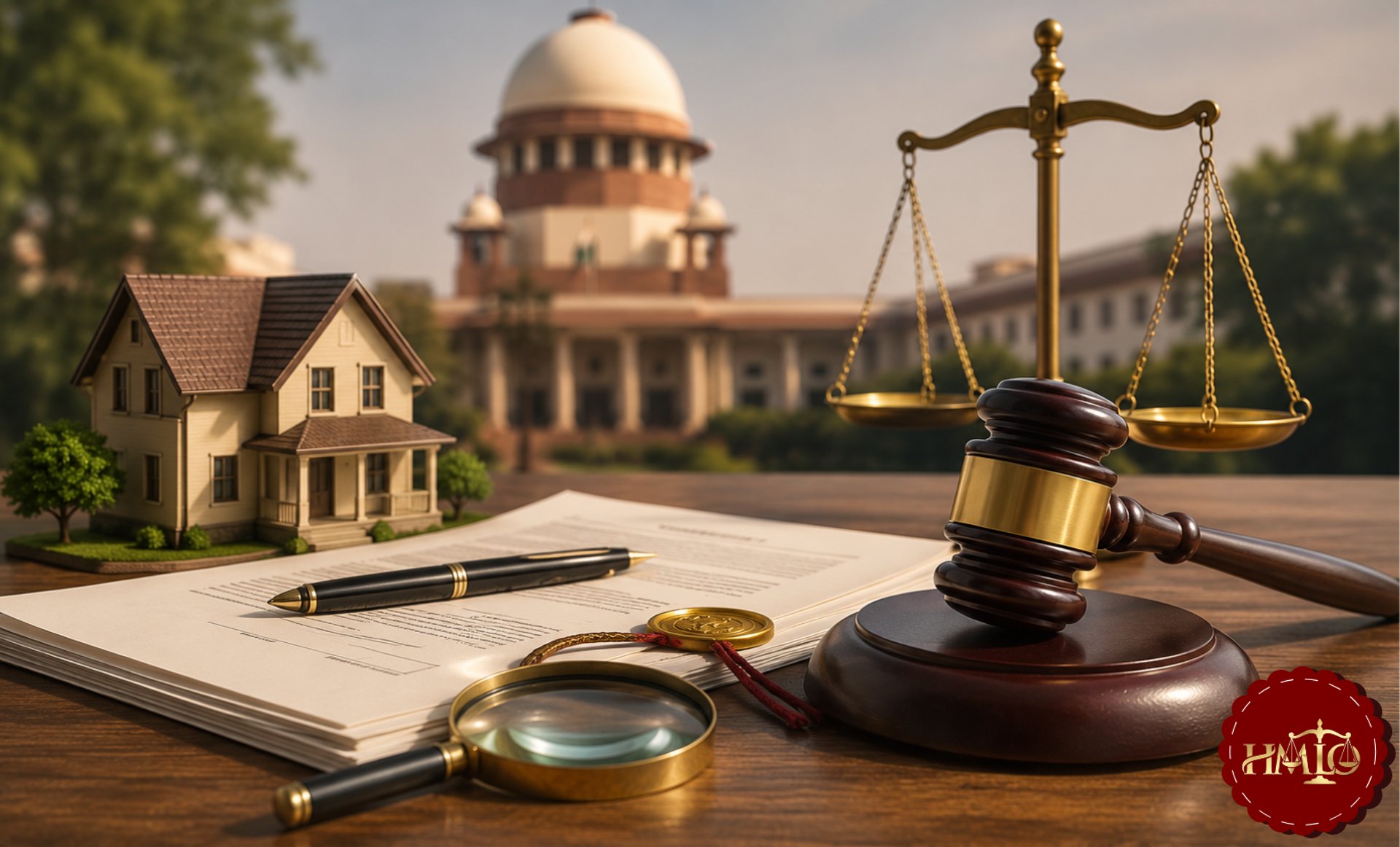 Registered sale deed and property law concept with Supreme Court, legal documents, and justice symbols.
