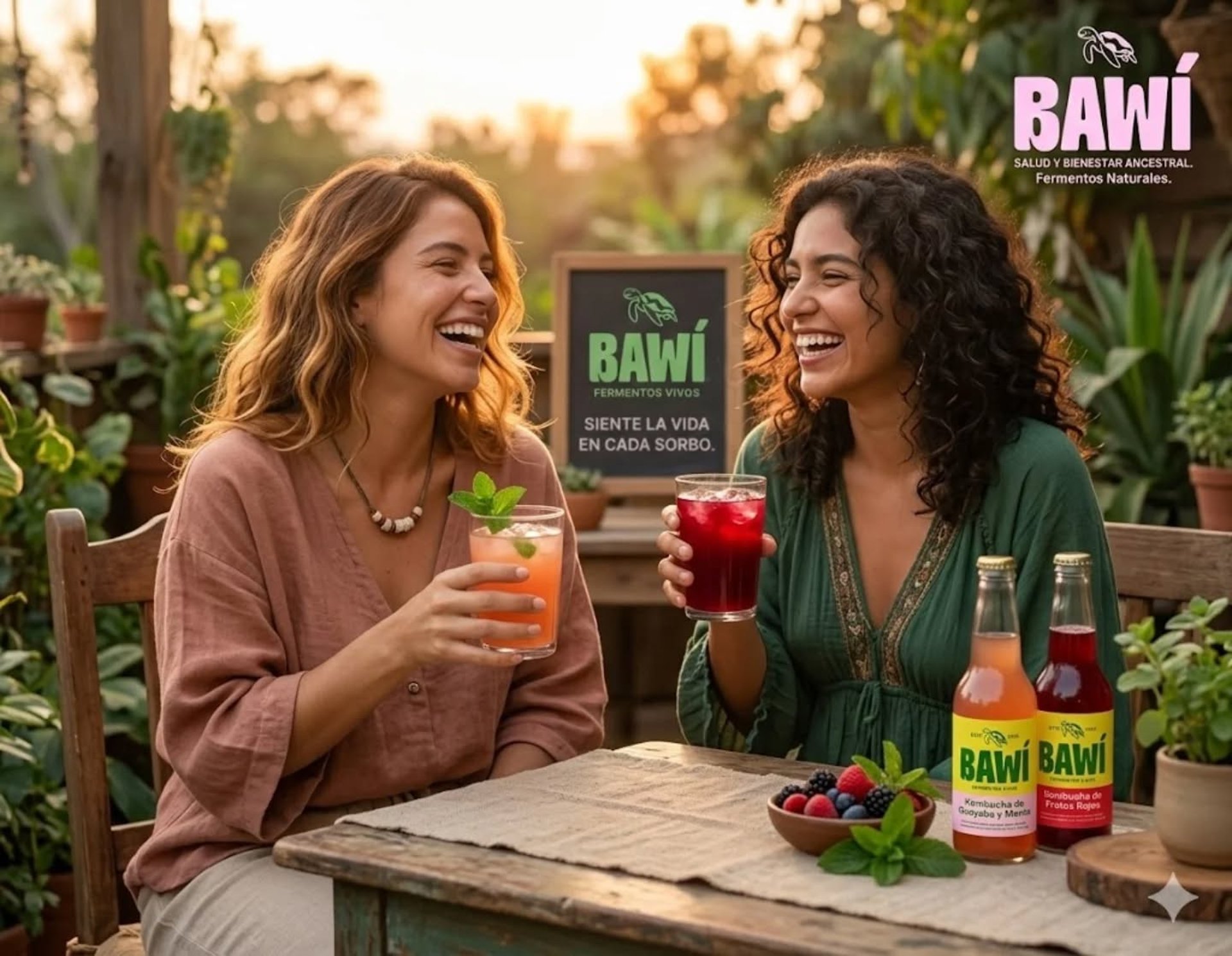 Una mujer en su cocina esta realizando el proceso de fermentación para su kombucha. Ambiente relajado y ordenado.