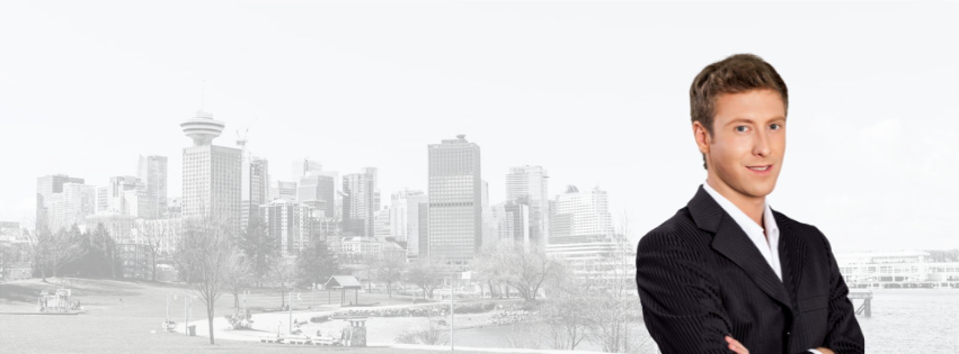 Vancouver's skyline is featured in this monochrome photo.