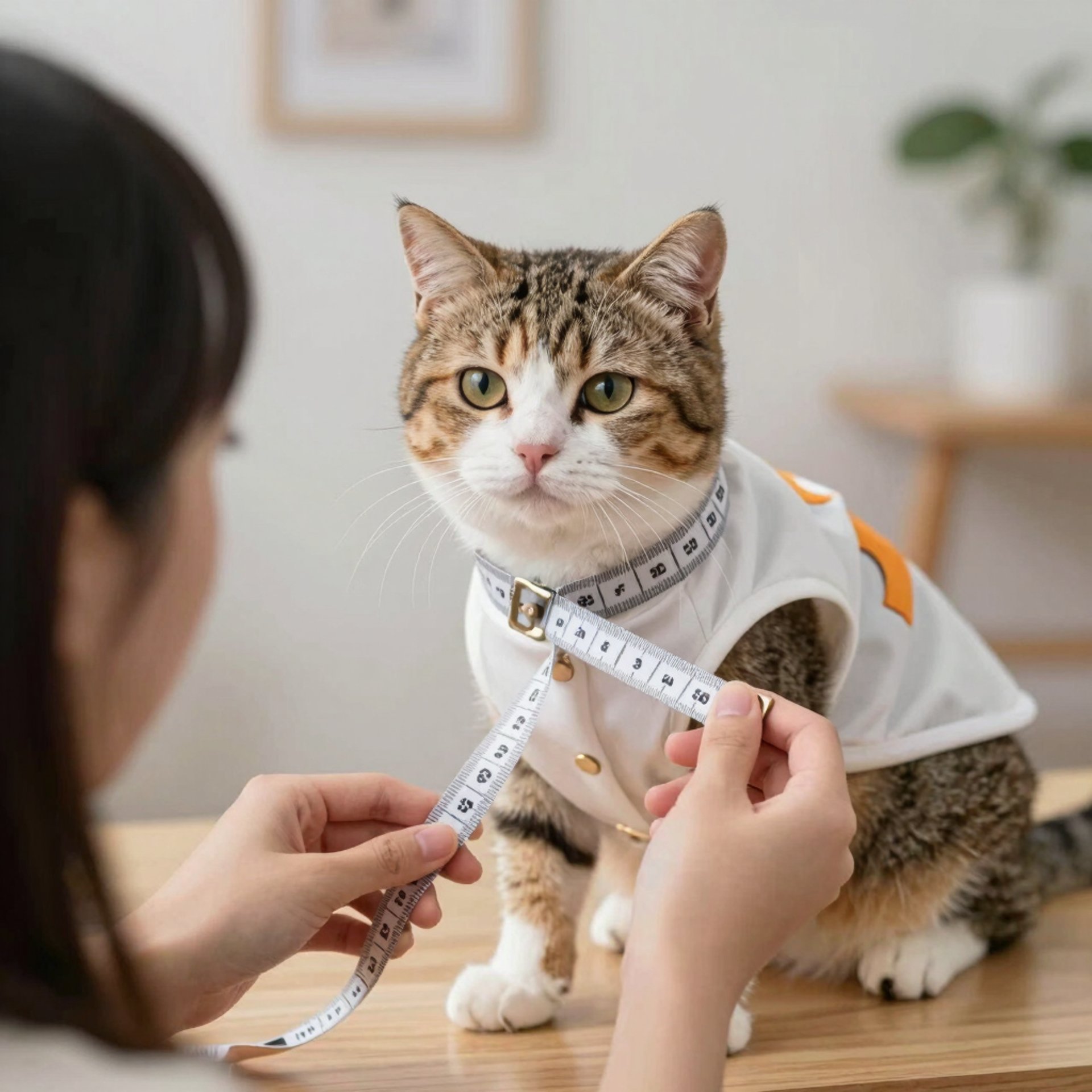 Persona con una cinta metrica tomando medidas a un gatito para un nuevo vestuario