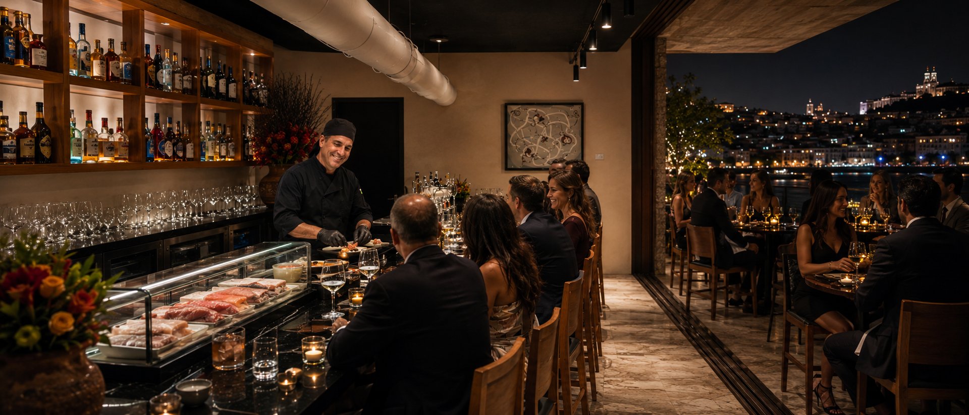 Interior do Okone Sushi Nikkei no Porto com sofás azuis, balcão de madeira, iluminação suave e decoração com plantas