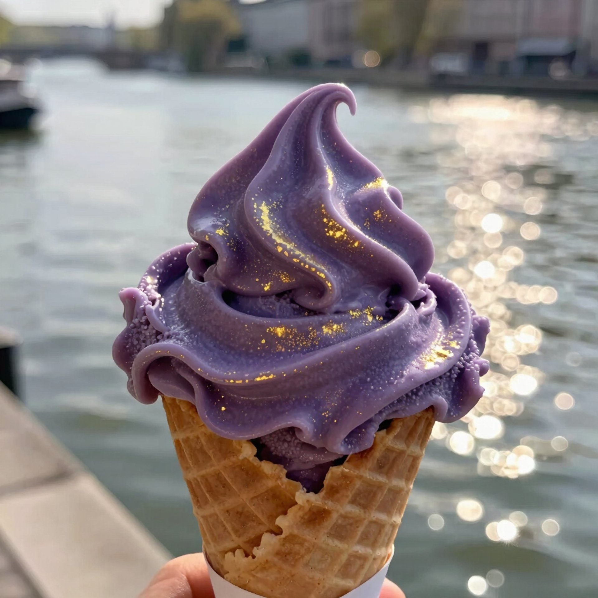 Eine Nahaufnahme einer leuchtenden Eiskugel in einer Waffel, die von goldenem Licht umhüllt ist. donau