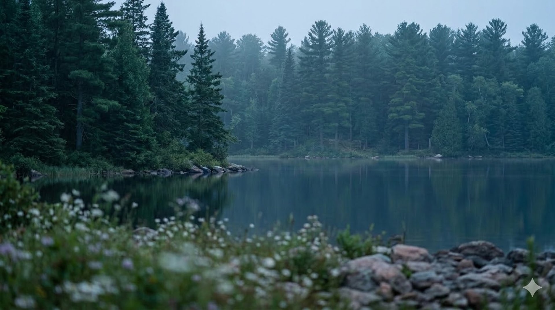 A tranquil Petawawa Canadian pine forest and misty lake at twilight, serving as a peaceful background for The Sleep Coach 