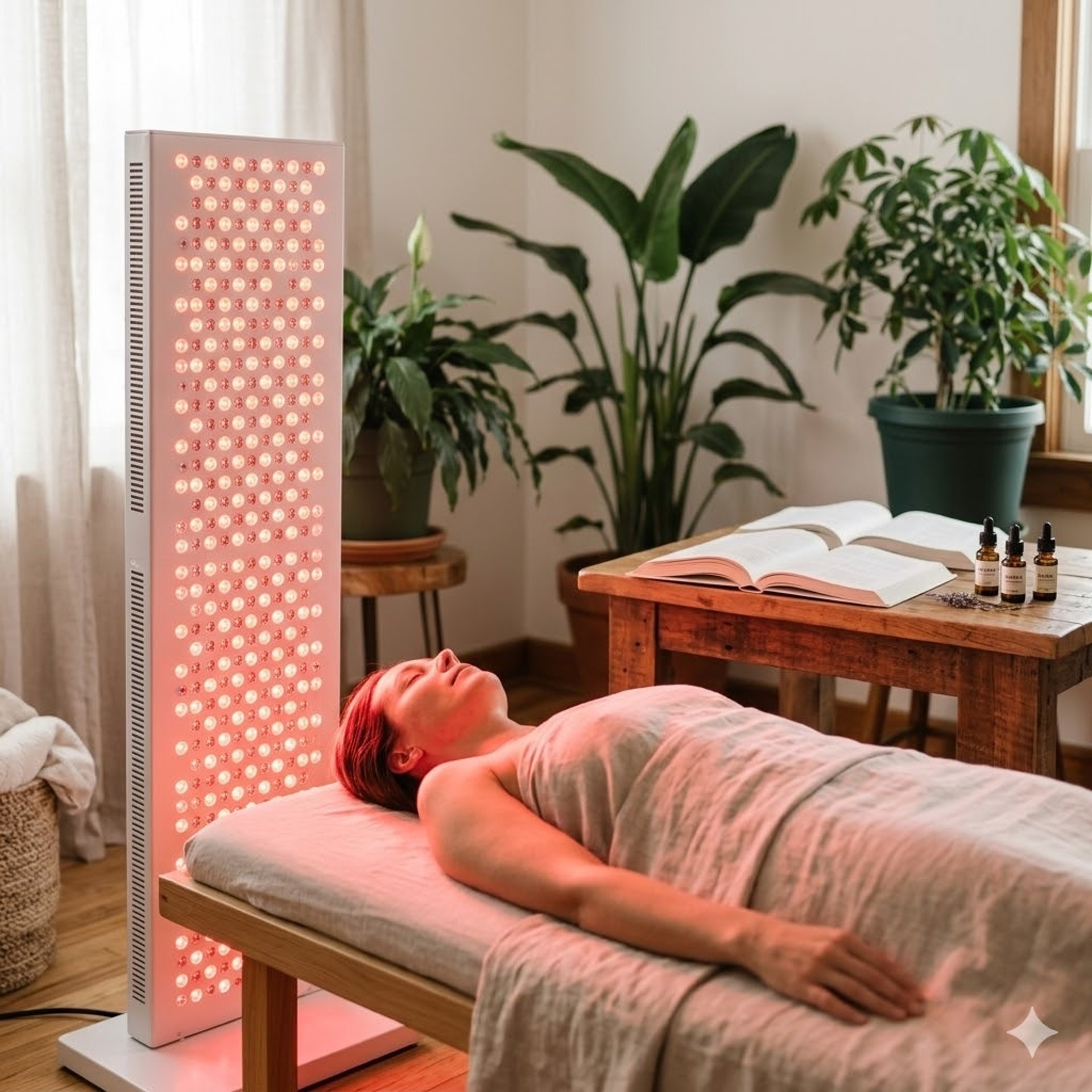 A client receiving professional Red Light Therapy treatment on a wooden massage table in Petawawa.