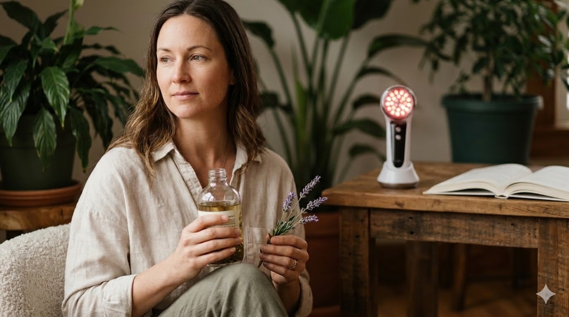 The Sleep Coach in Petawawa using a red light therapy device and herbal remedies for a holistic wellness consultation.