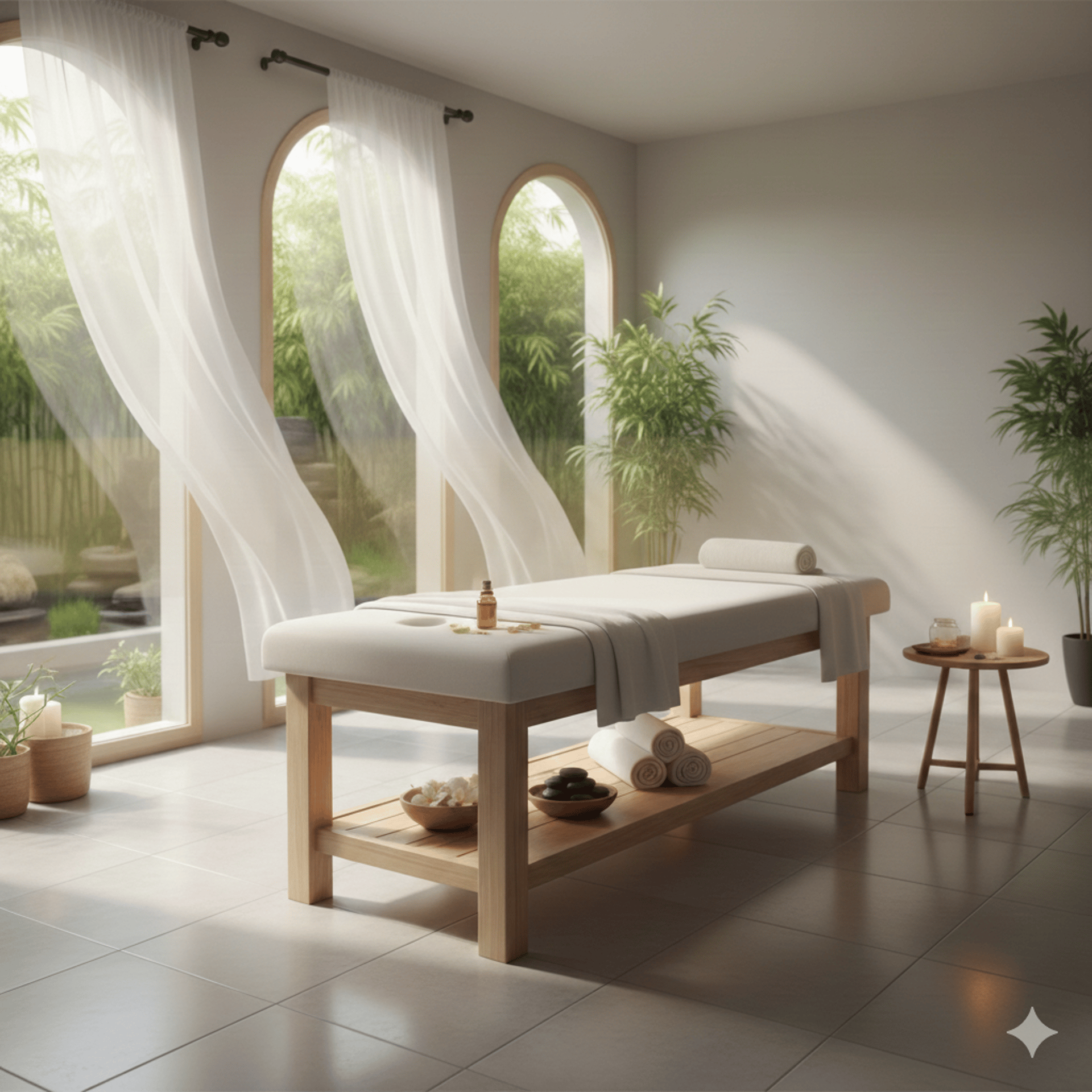 camilla de masaje, con velas y aceites esenciales