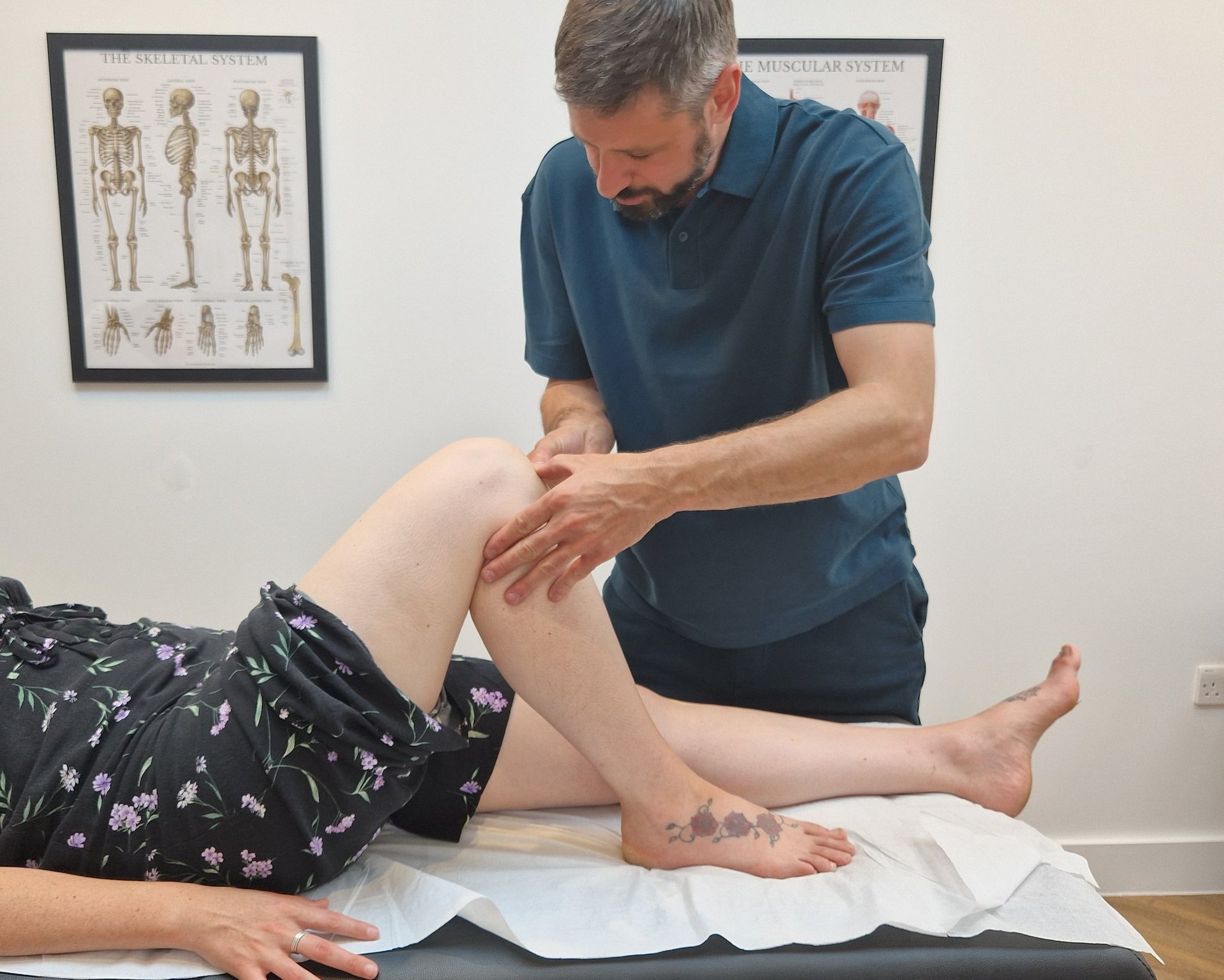 a man getting his leg examined by a doctor