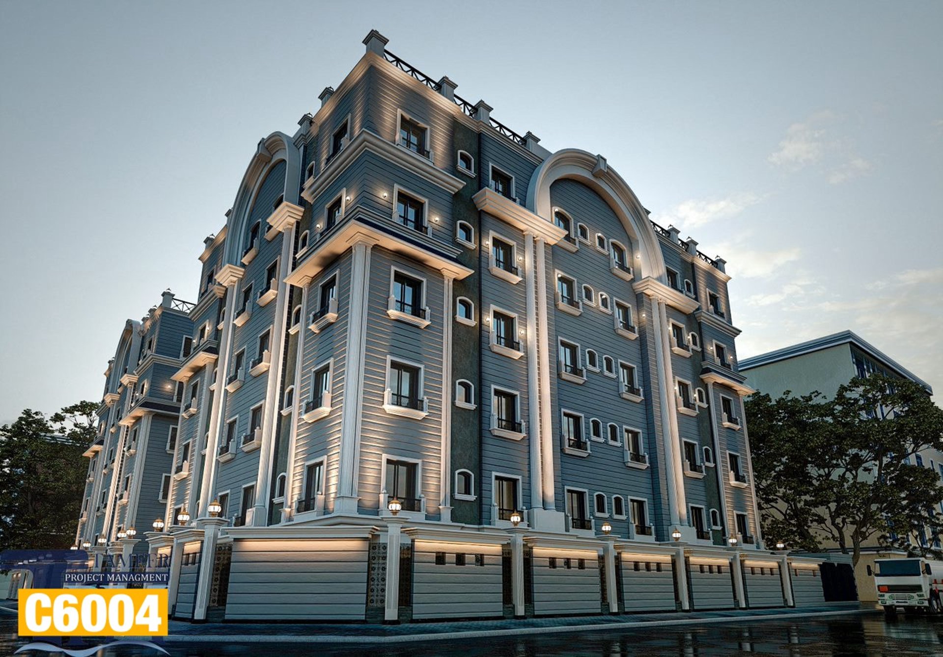 Detailed architectural entrance with pillars.