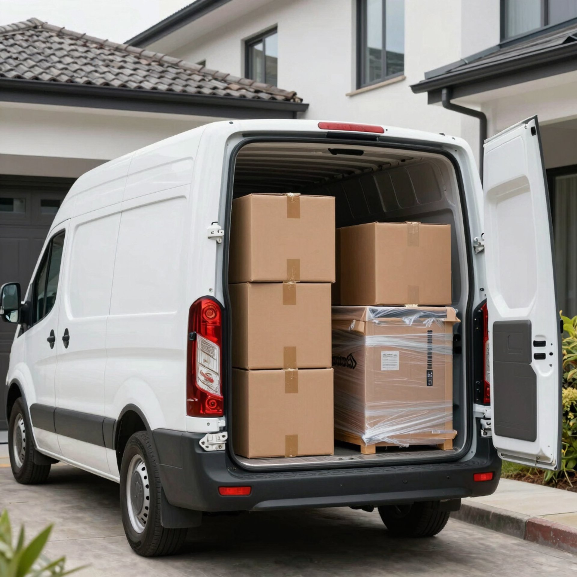 A delivery van with its back doors open.