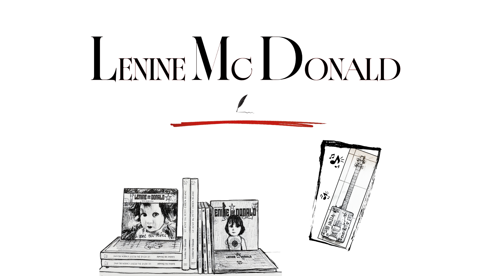 Image d'accueil du site. Un dessin d'une guitare et à côté un dessin de livres et de cds