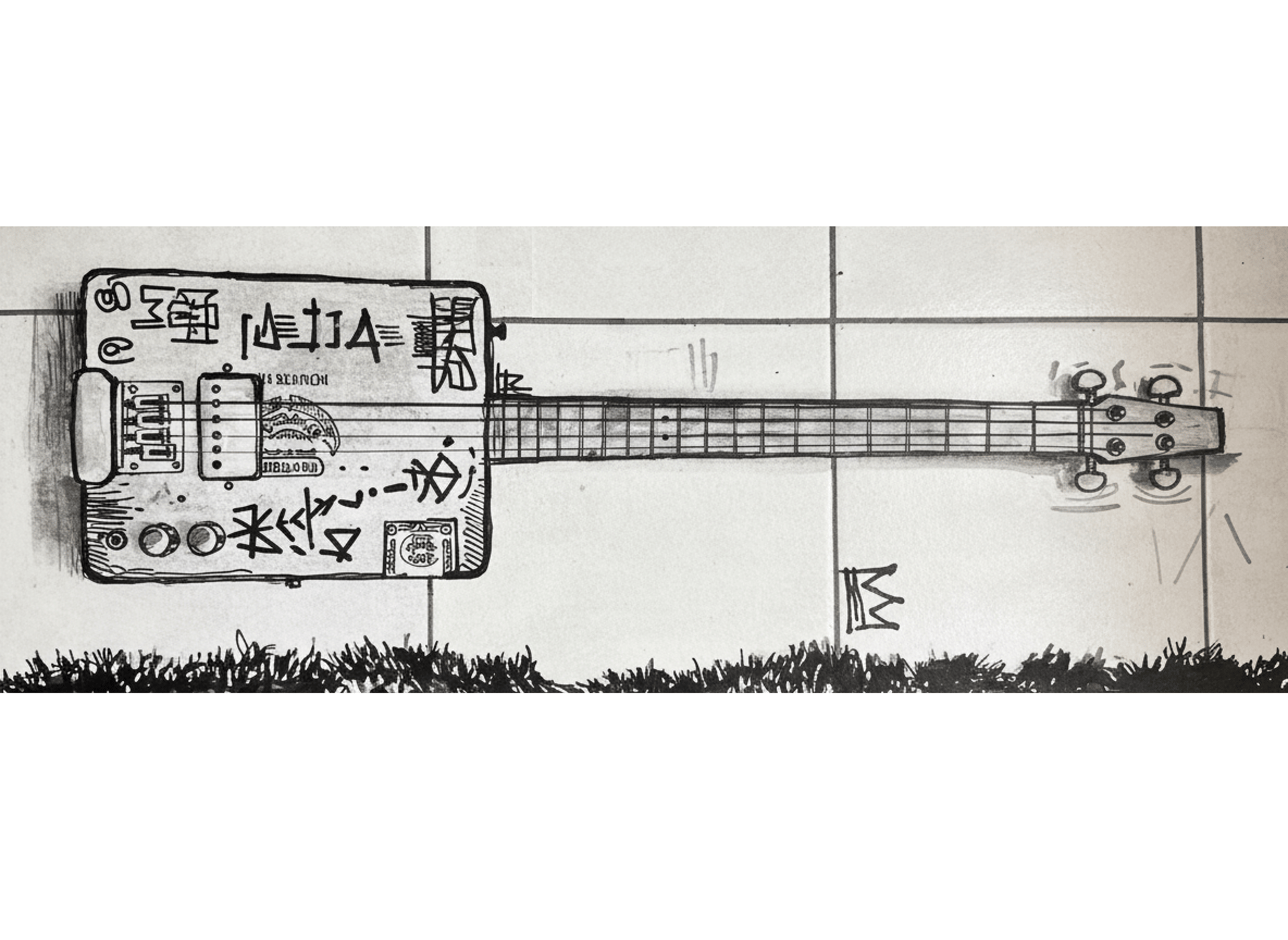 Dessin de cigarbox. Petite guitare à quatre cordes