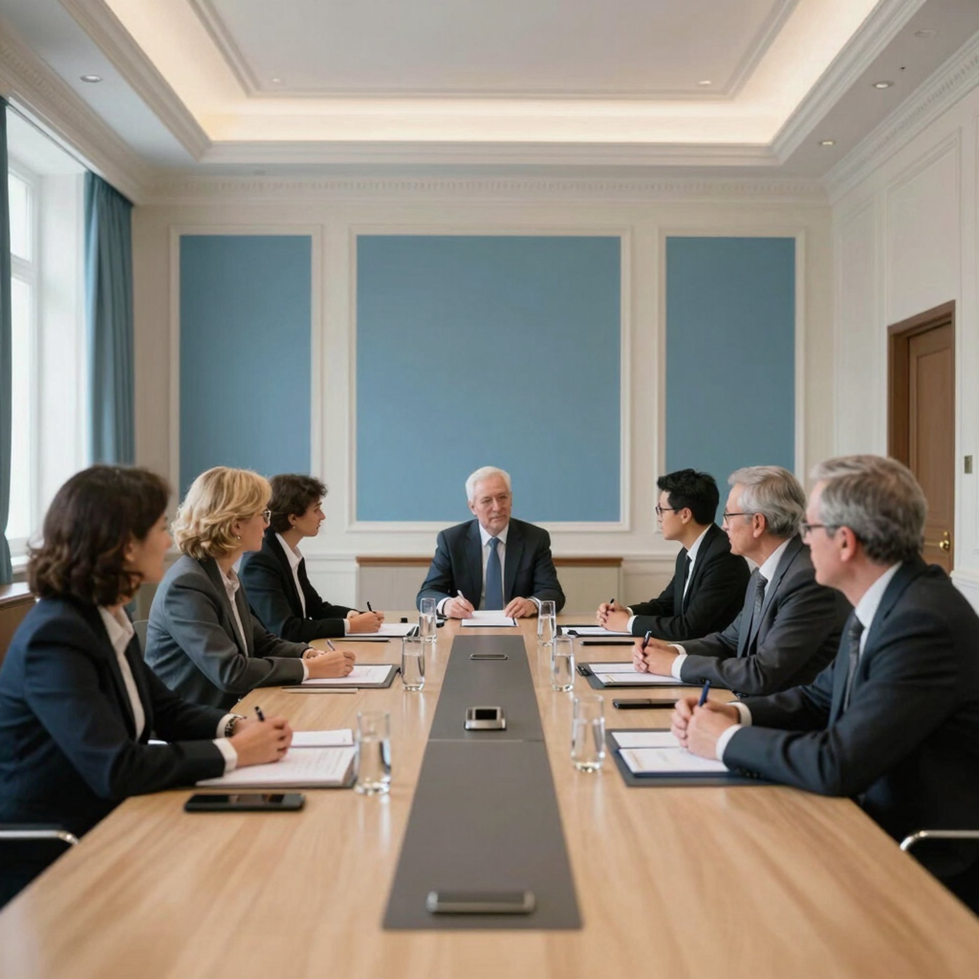 a group of people sitting around a table with laptops