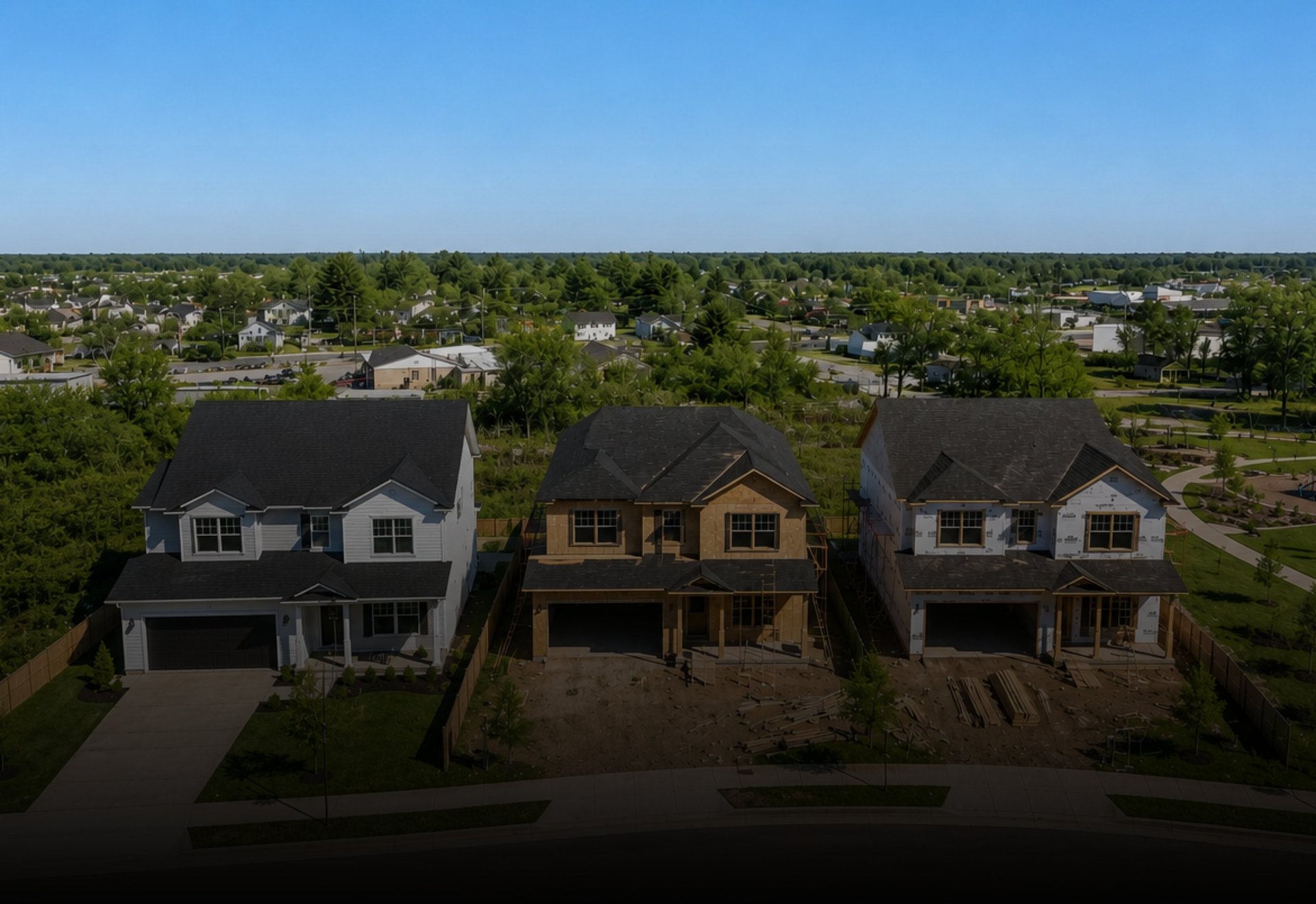 Aerial view of three new construction homes in a suburban neighborhood, ranging from framed to finished.