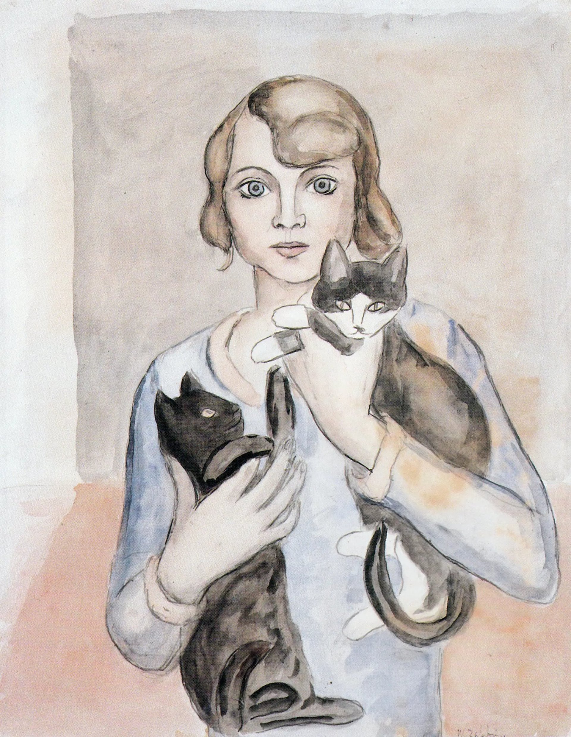 Aquarell "Mimi mit zwei Katzen" von Wladimir von Zabotin.