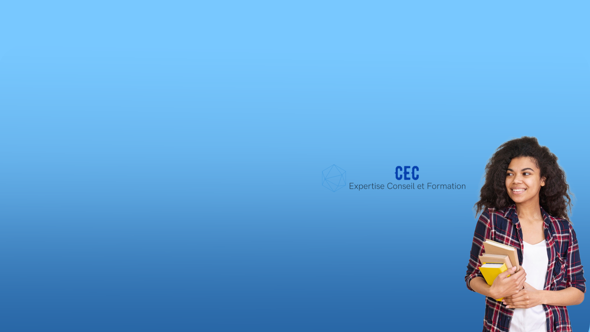 Fond en dégradé de bleu, avec une jeune étudiante souriante en bas à droite et le logo CEC à côté d'elle à sa gauche