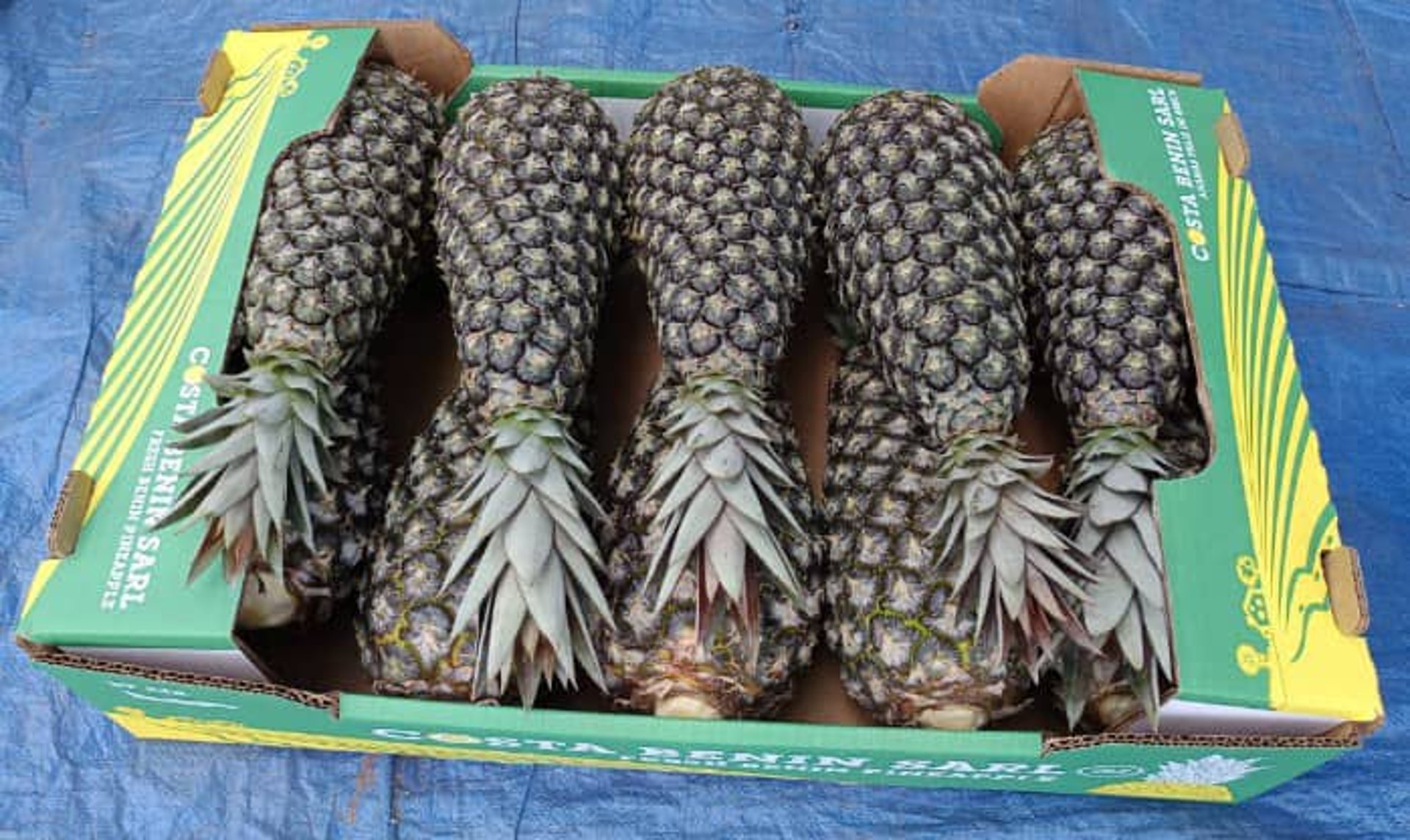 a pile of pineapples sitting on top of a wooden table