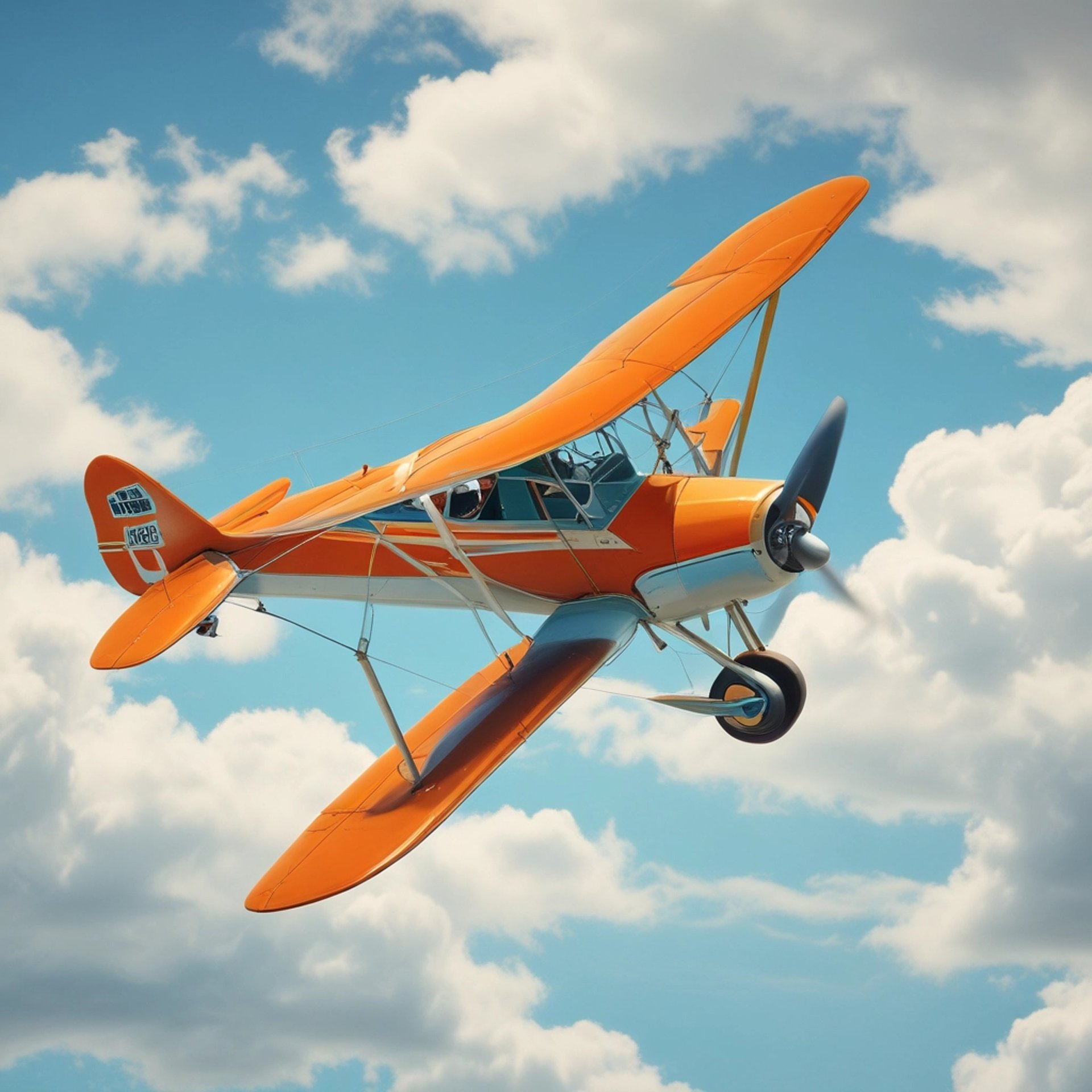 a small airplane flying through a blue sky
