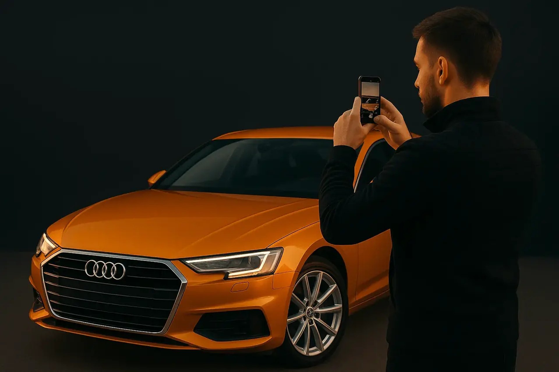 Homme à Montréal prenant en photo son Audi à vendre pour JeVendsMonAuto.ca