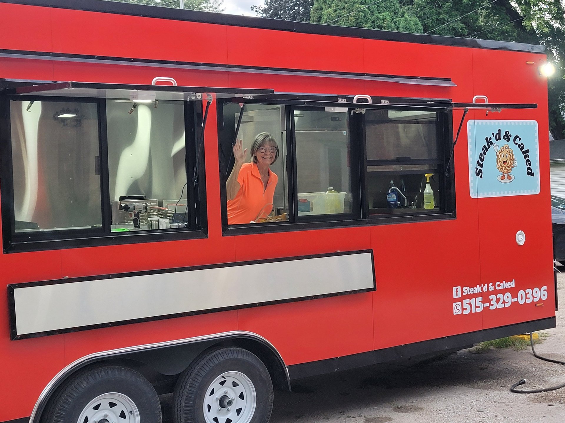 This is an image of our Steak'd & Caked Mobile Food Trailer. It measures 20 feet long by 8.5 feet wide.