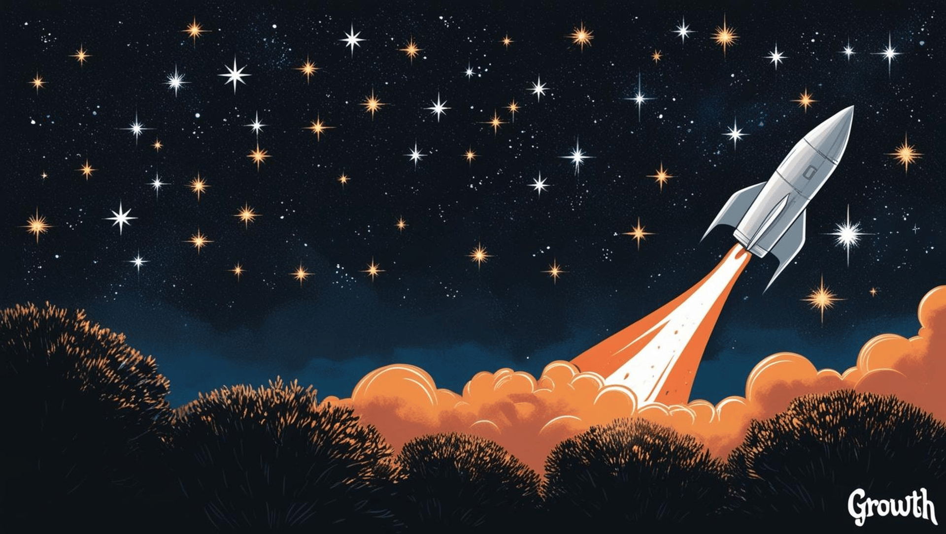 a rocket launching in night sky and growth written in corner representing the growth of business through digital marketing.