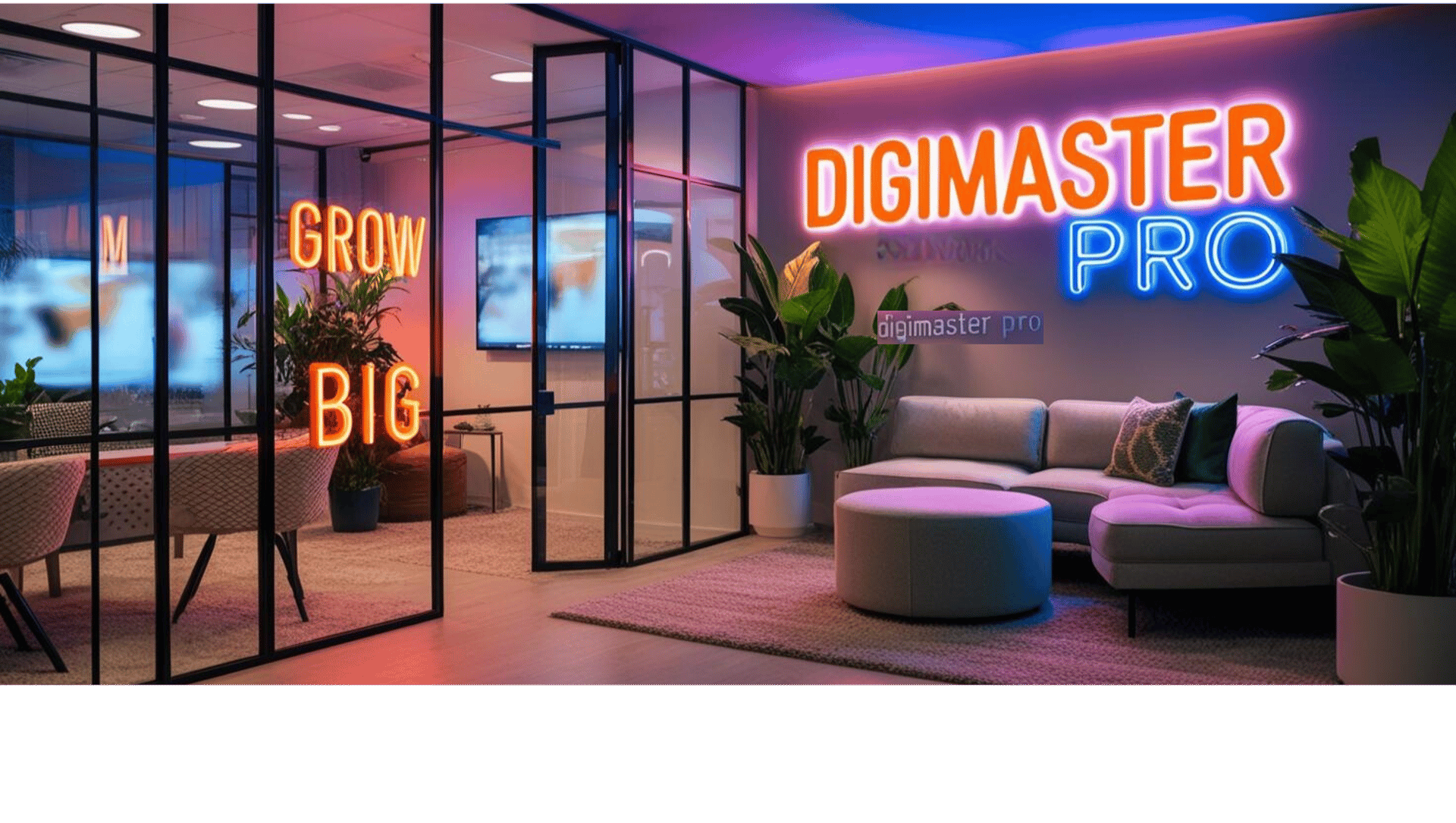 A well lit office room with grow big and digimaster pro written in neon relating to grow you business big.