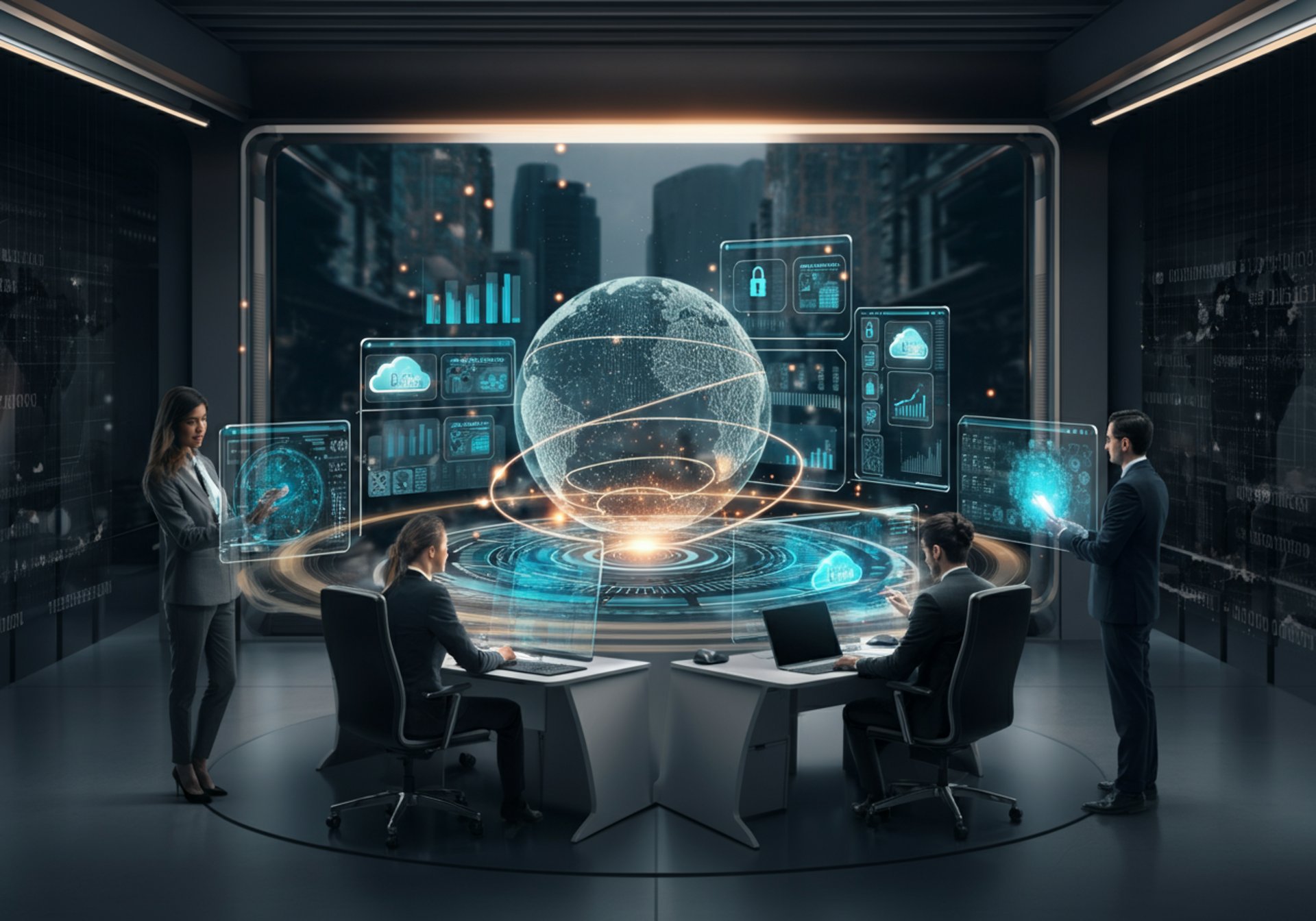 Futuristic office with holographic displays, a glowing globe, and Verve Phoenix's navy blue, gold, and black branding.