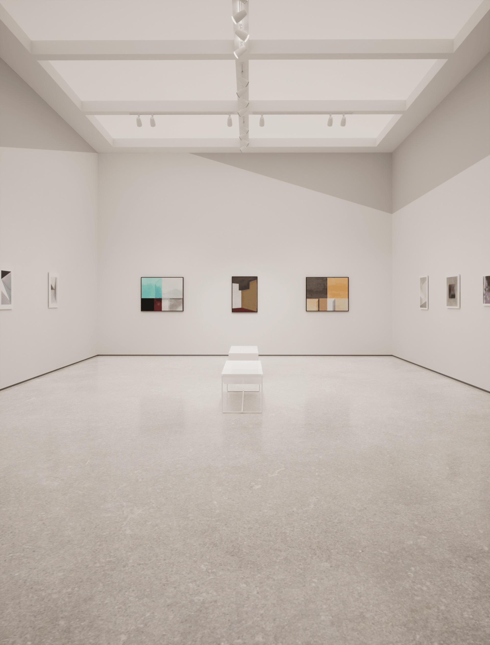 "Vista interna da exposição Afinidades II na galeria Arqface, com obras de arte contemporânea em destaque"