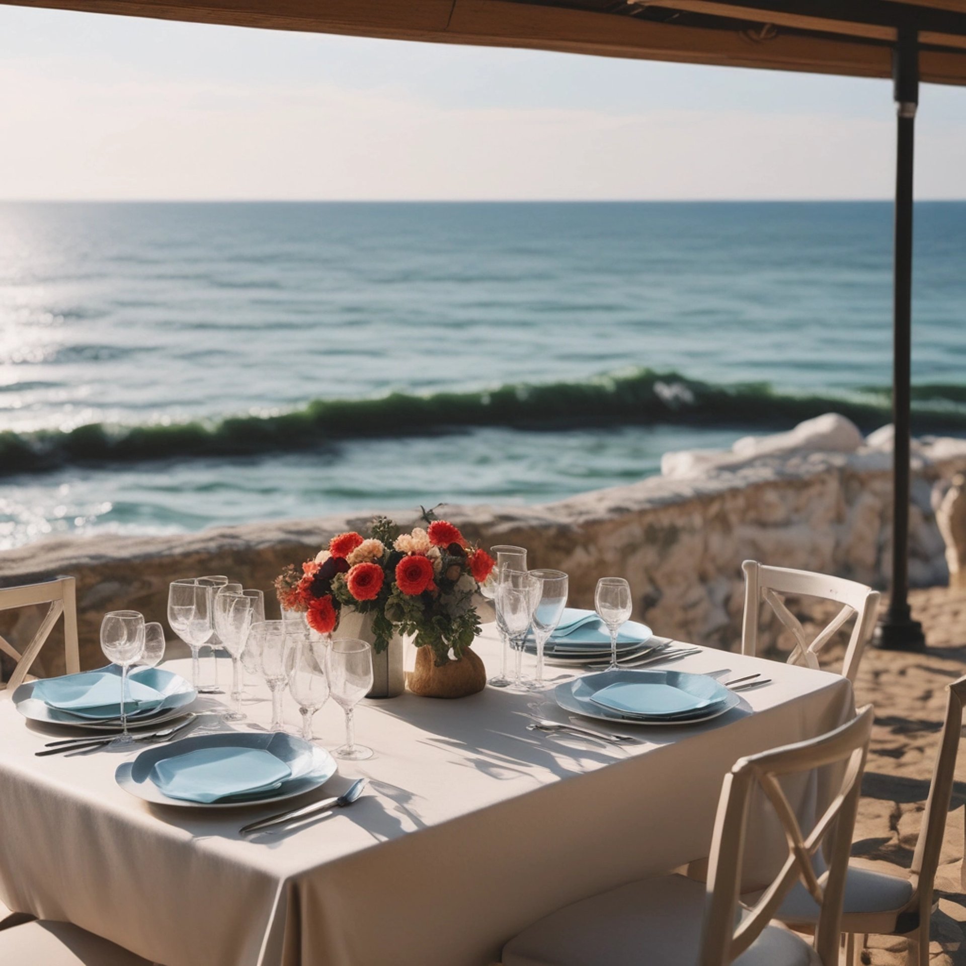 a table set for a wedding with a view of the ocean