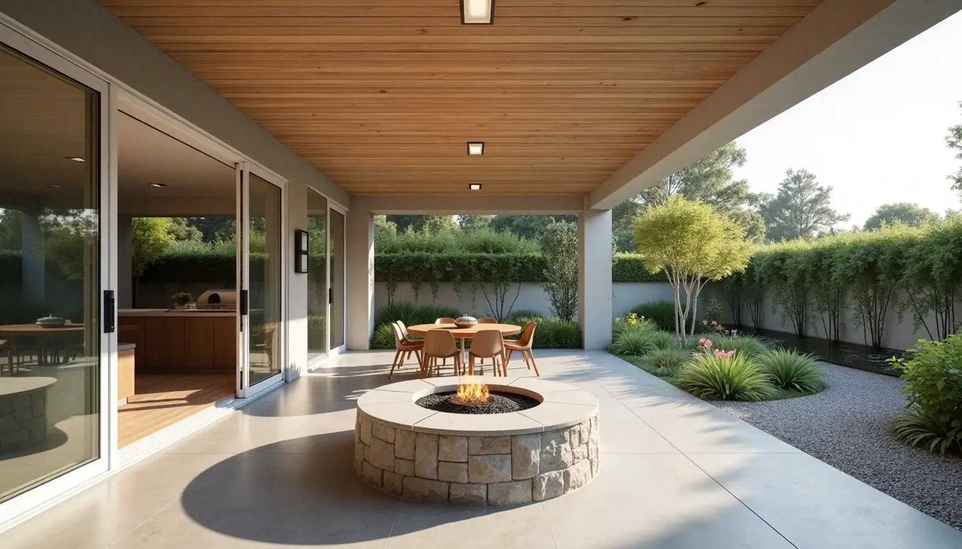 A stamped concrete patio with fire pit in Eagle Mountain, UT