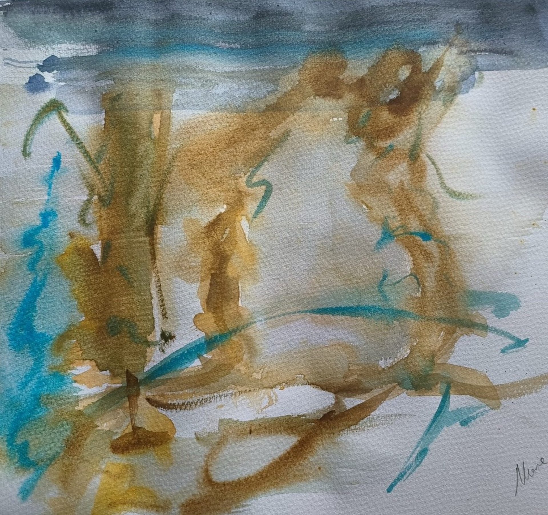 acuarela-abstracta-contemporainea-de-arte-sancho---composicioin-en-azules-turquesa-y-ocres-dorados-con-teicnica-de-lavado-hui