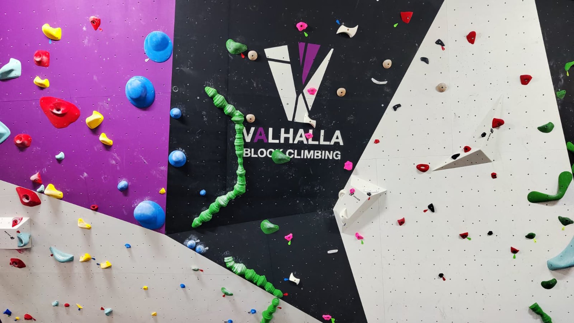 A group of people standing around a climbing wall