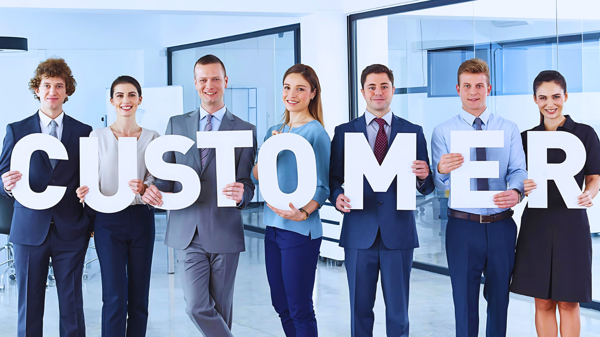 Group of business leaders in suits stands in a line, each holding up a letter to spell out the word "Customer" in the office.