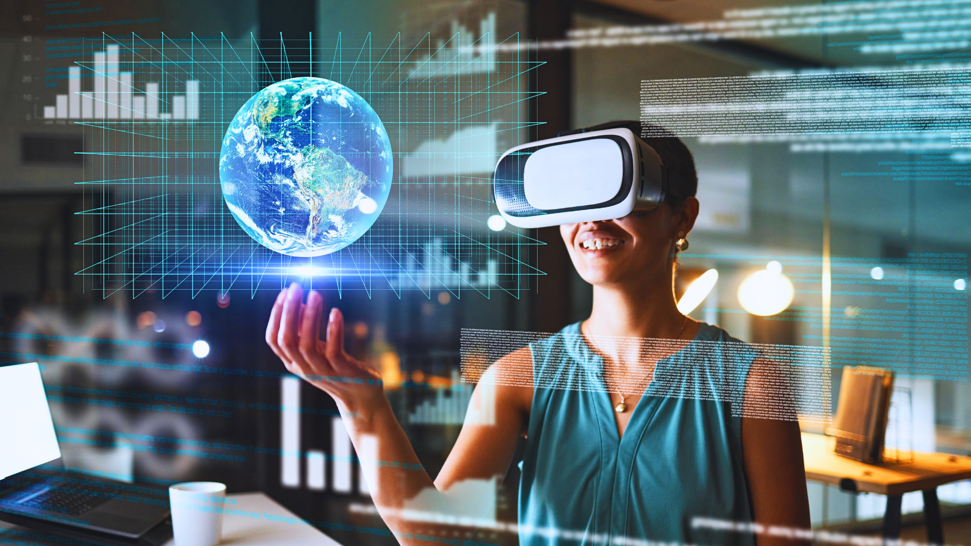 Female leader wearing virtual reality goggles reaches out to touch a holographic Earth, surrounded by holographic charts.