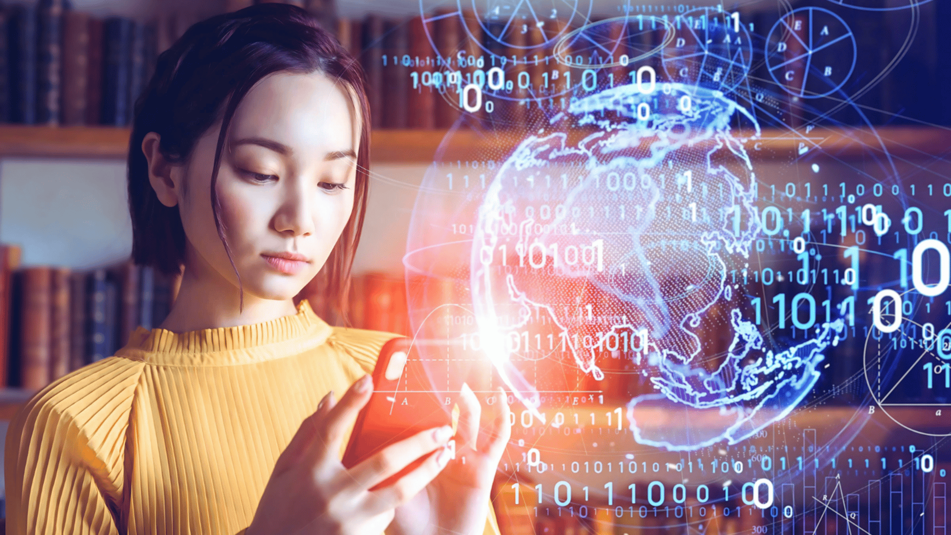 Asian business leader looks down at her smartphone, while a large holographic globe and binary code appear before her.