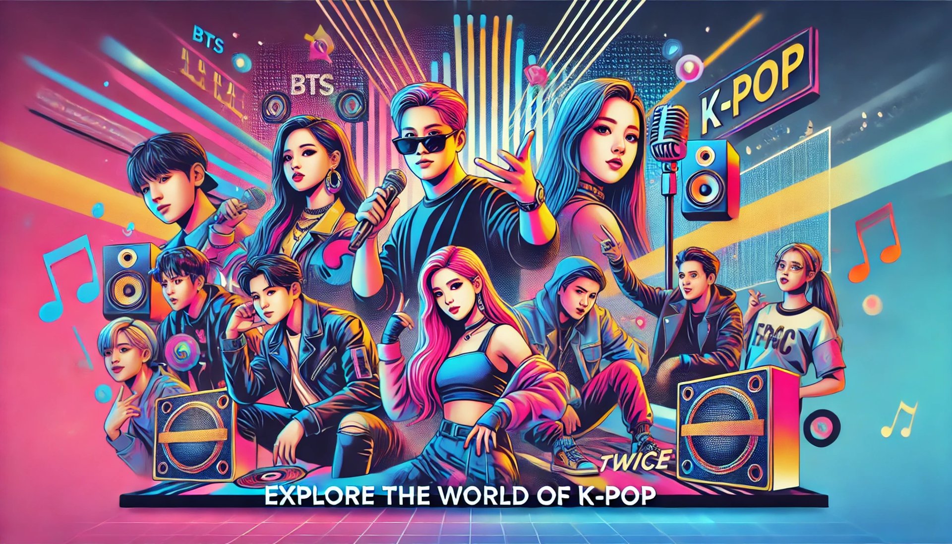 Vibrant illustration featuring K-pop-inspired idols representing groups like BTS, BLACKPINK, EXO, TWICE, and Stray Kids, with