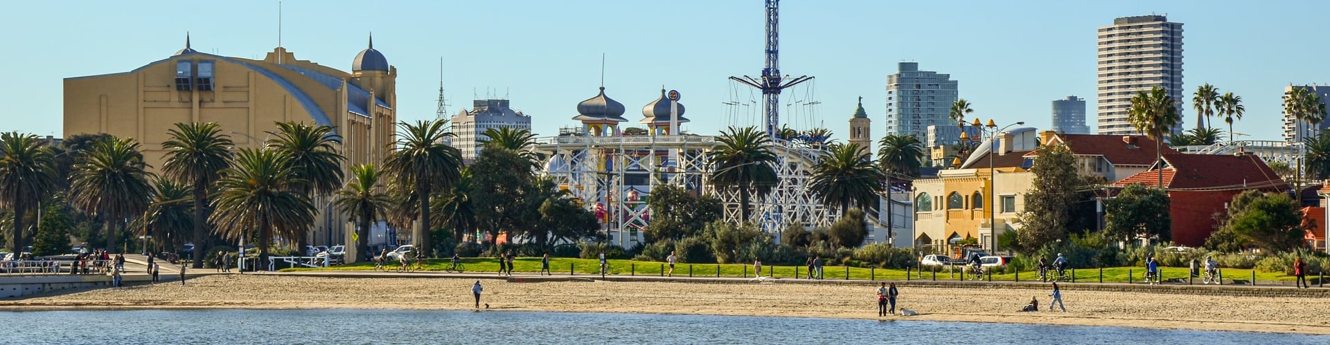 A view of St Kilda in Melbourne, the beach, Luna Park and the Palais Theatre