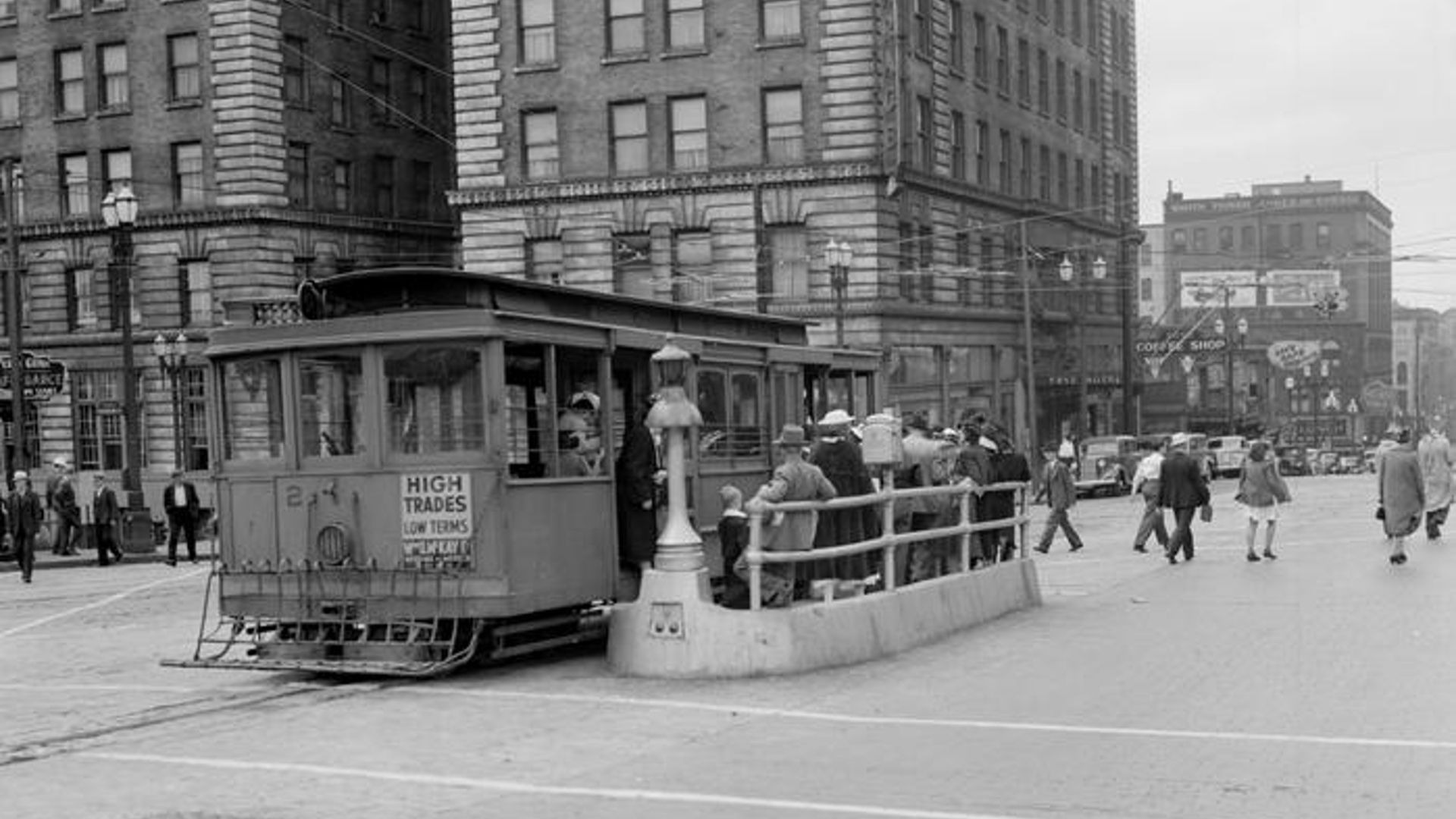 A 1940s Seattle streetcar stop. Image courtesy of The Seattle Municipal Archives.