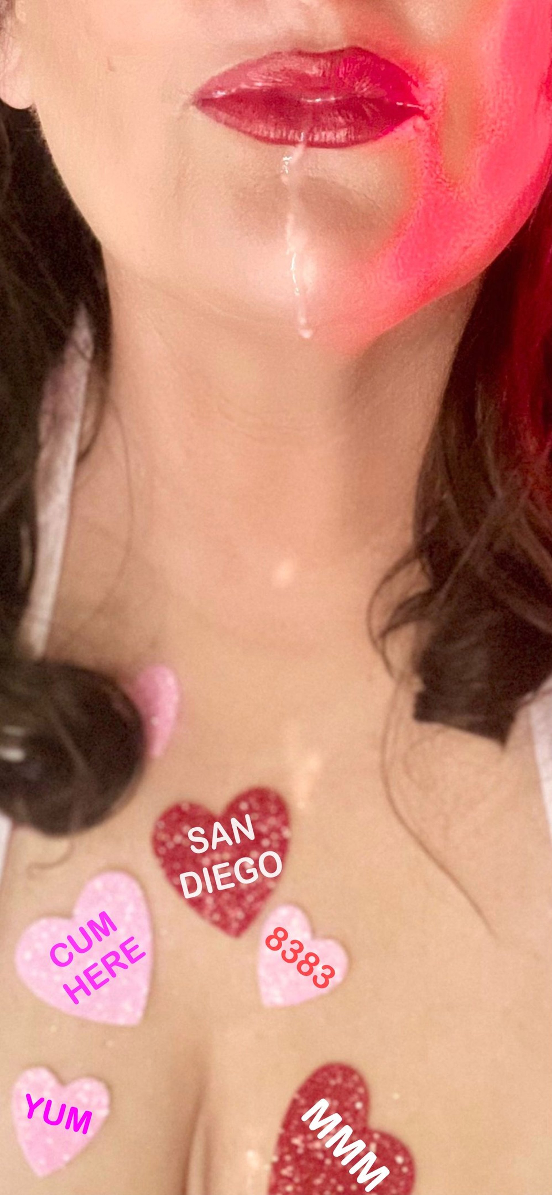 cum drops down sexy mild. SanDiego8383’s chin and drip on to her chest that’s covered in Valentine’s Day hearts. HotAF