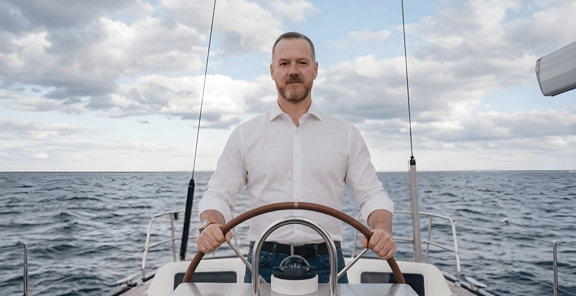 A close up of a steering wheel on a boat