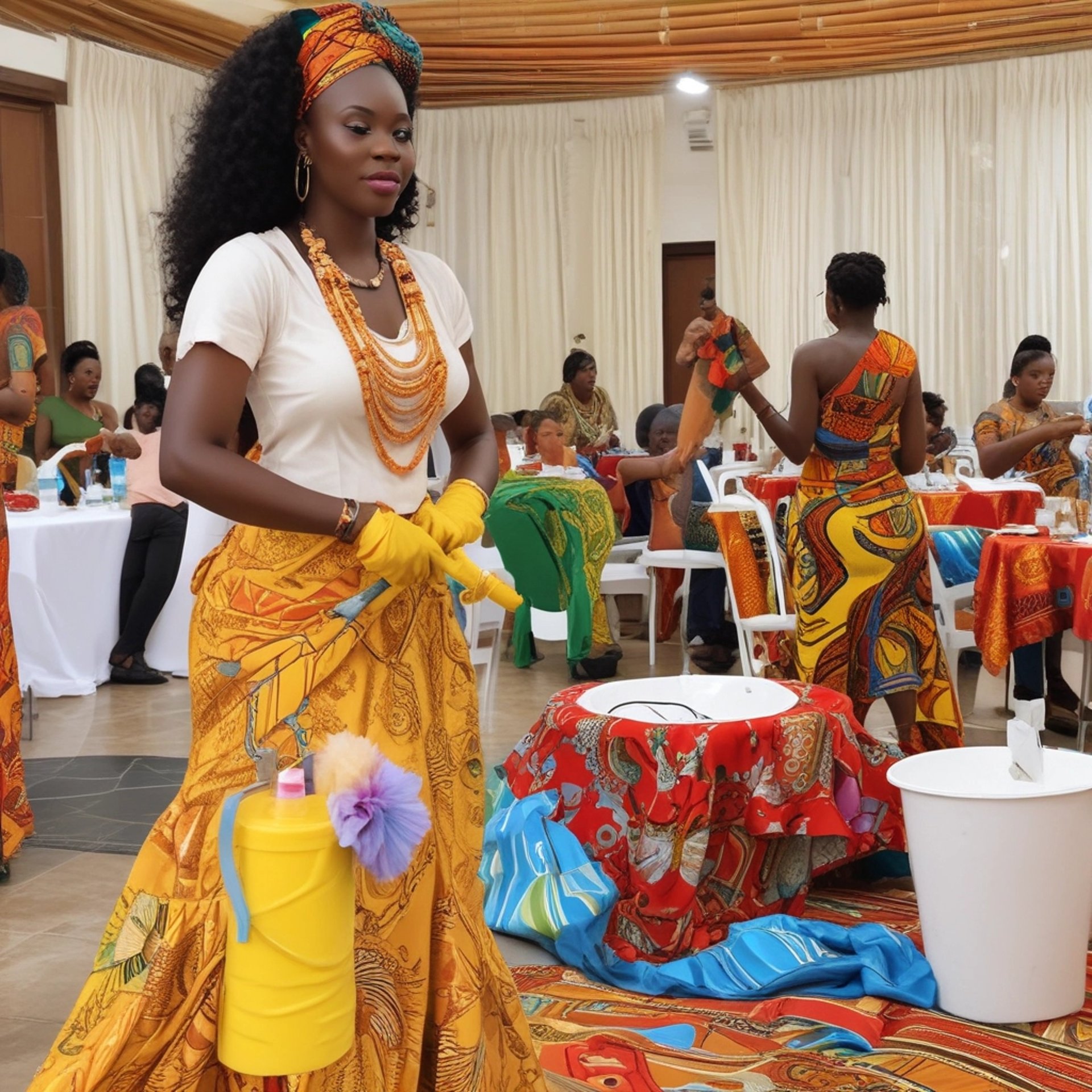 a lady in yellow attire with yellow gloves