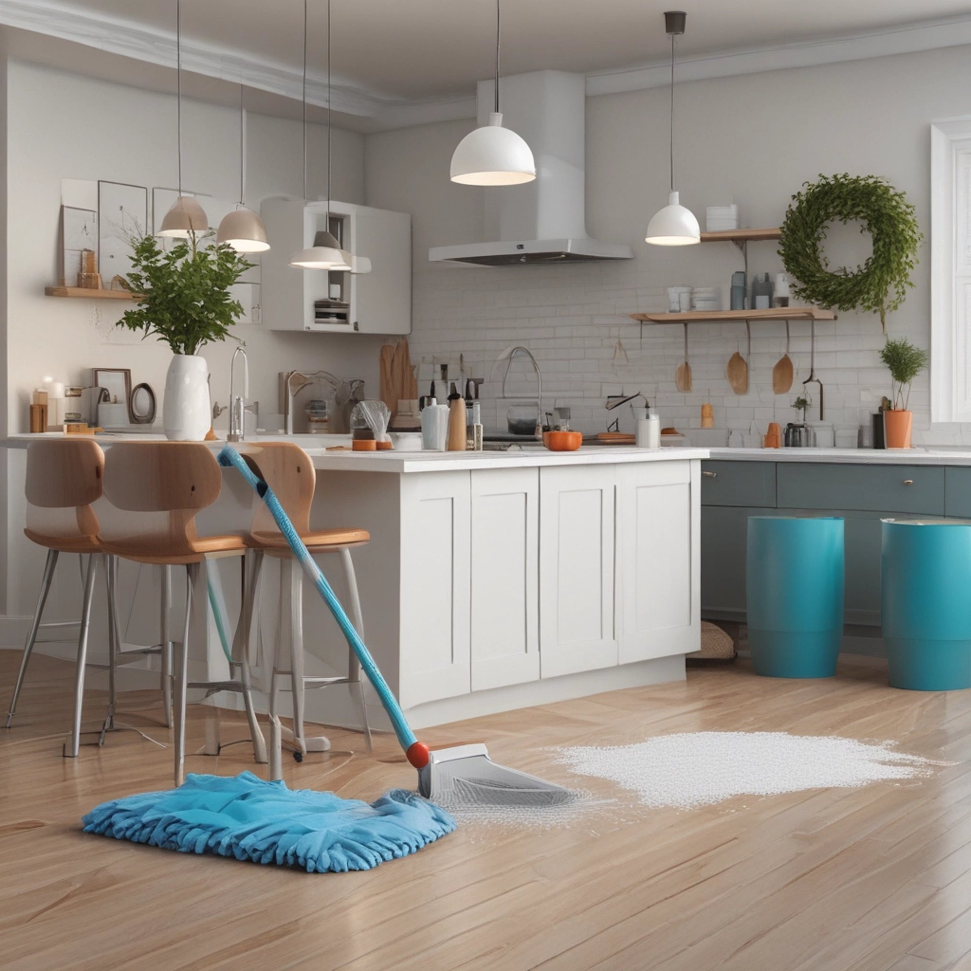 a kitchen with white cabinet and cleaning materials