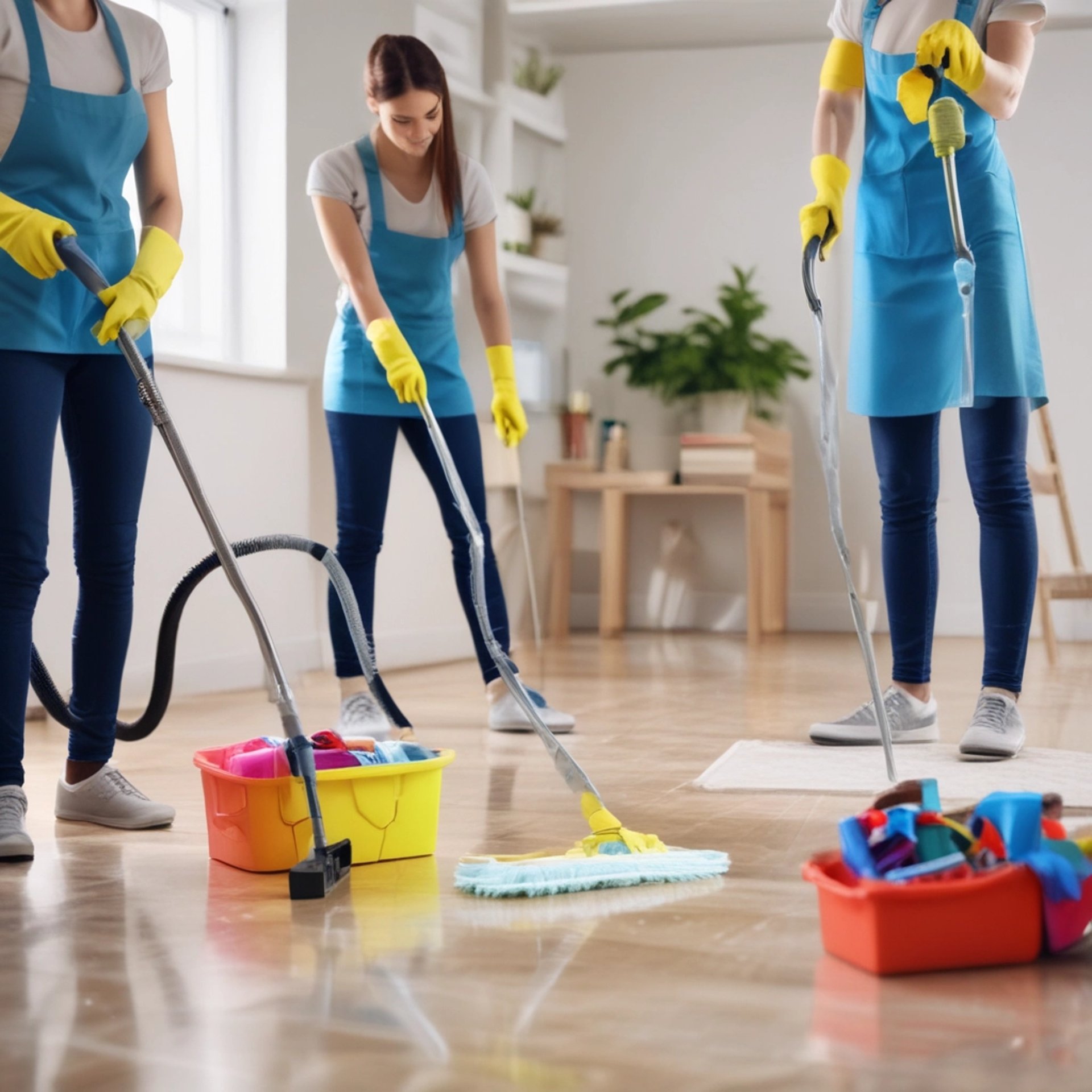 three ladies in blue mopping the floor