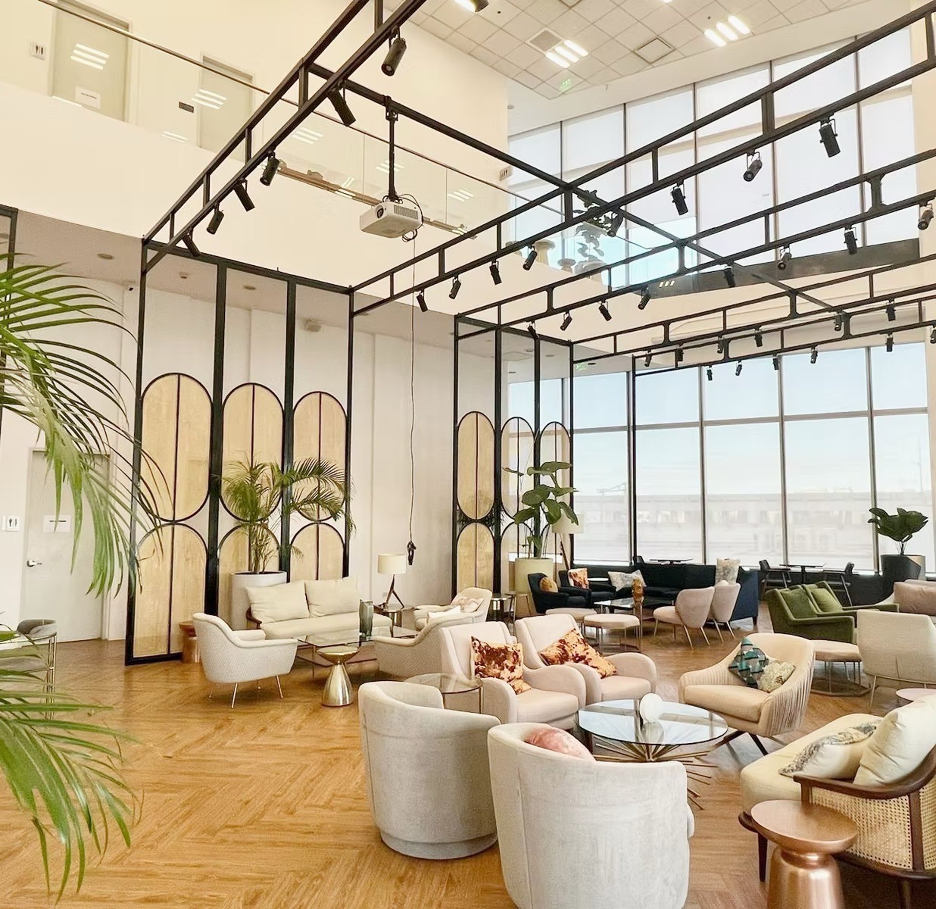 a black and white photo of a large room