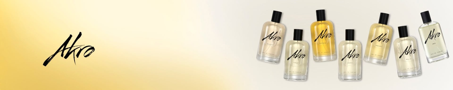 Akro banner with logo and fragrance bottles