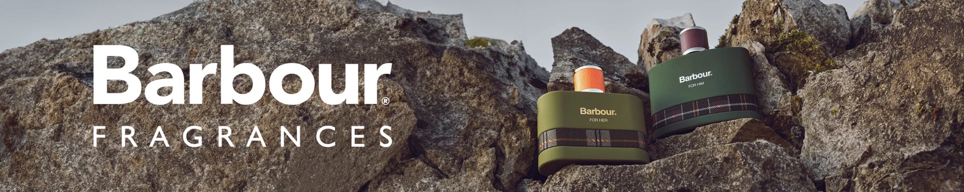 Barbour banner with logo and fragrance bottles