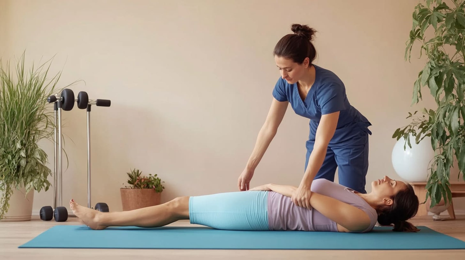 Fisioterapeuta asistiendo a paciente en estiramientos sobre tapete, con equipo terapéutico y plantas decorativas al fondo.