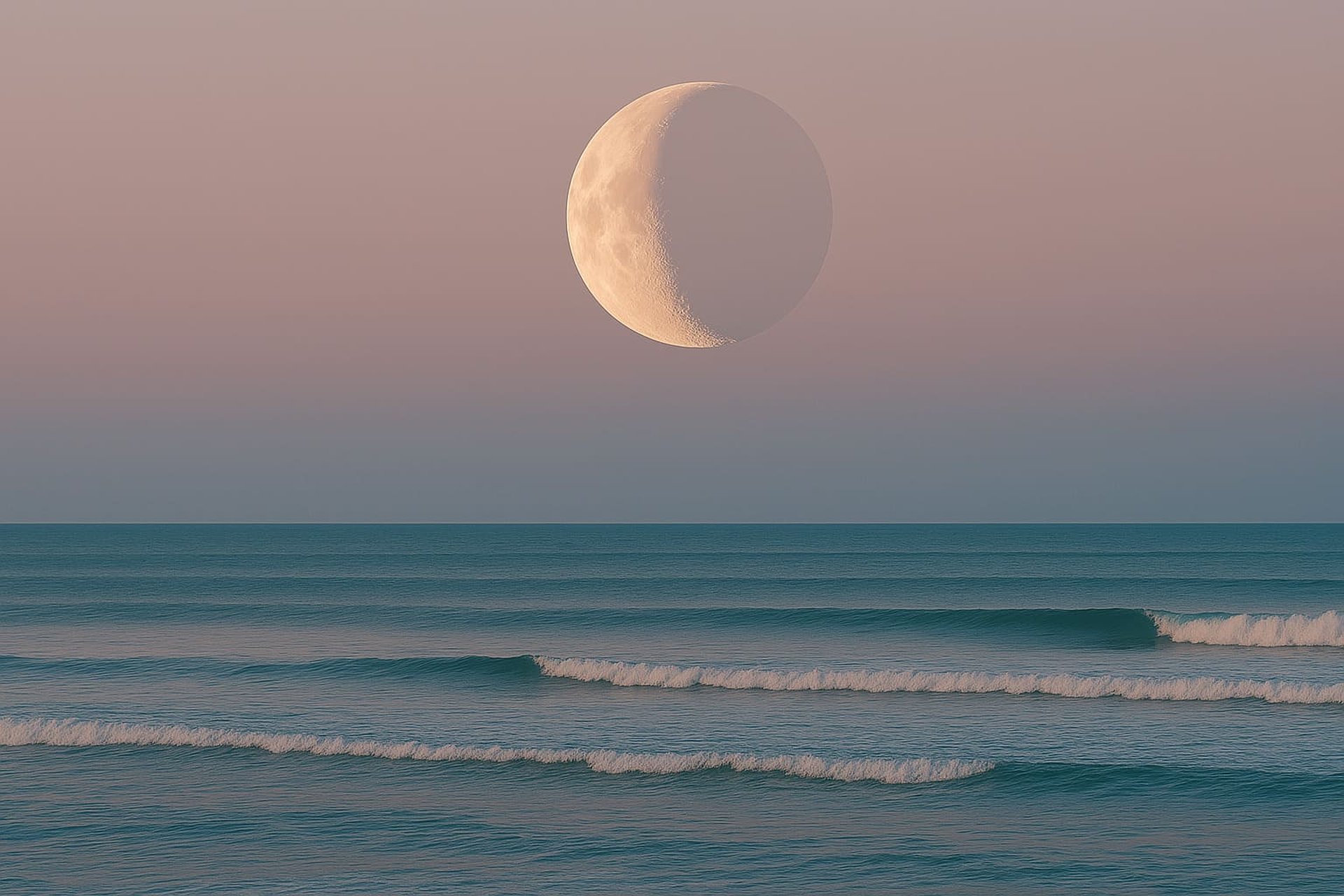 Luna menguante sobre el mar al atardecer sin nubes