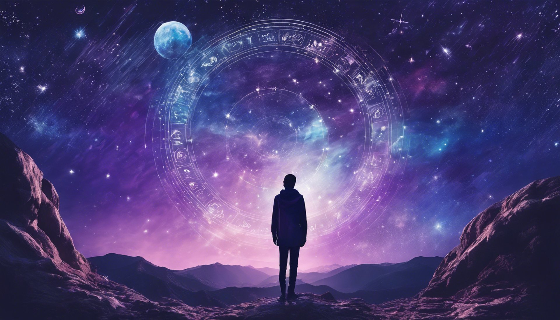 A purple and green light shines in the night sky