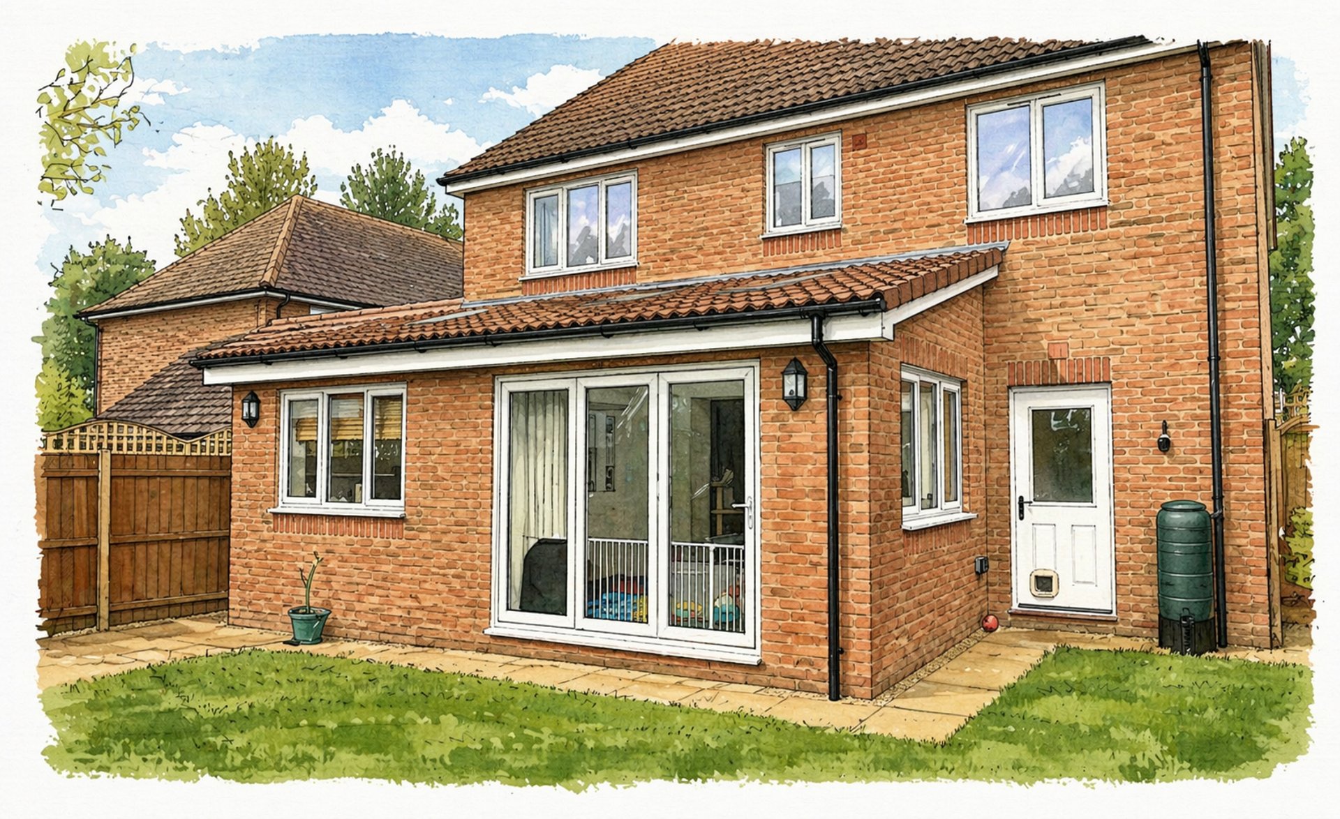 Brick building with white windows and paved path.